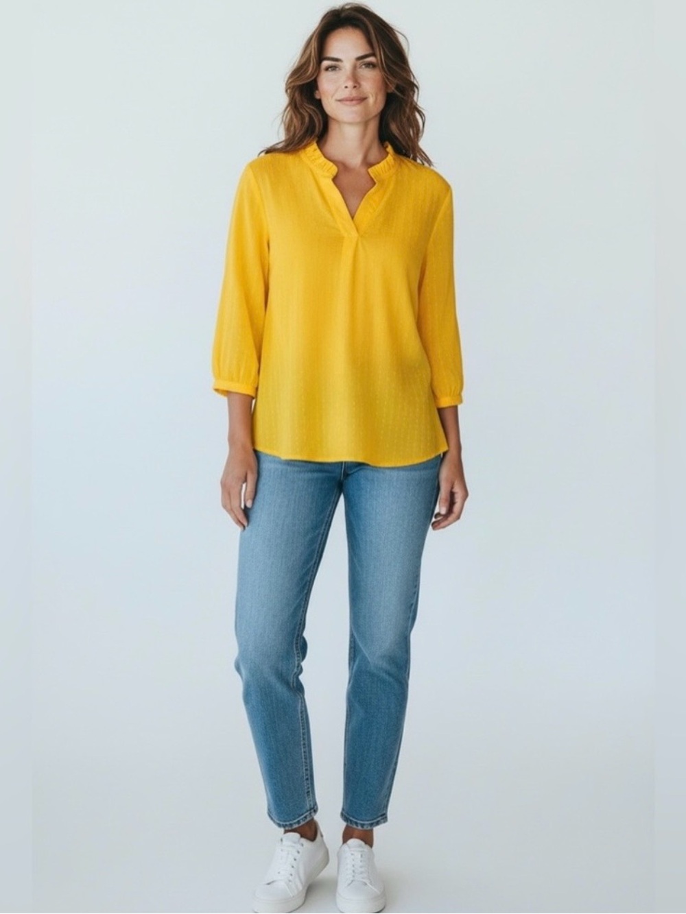 Crown & Ivy Textured Ruffle Neck Top // Yellow // Large // NEW